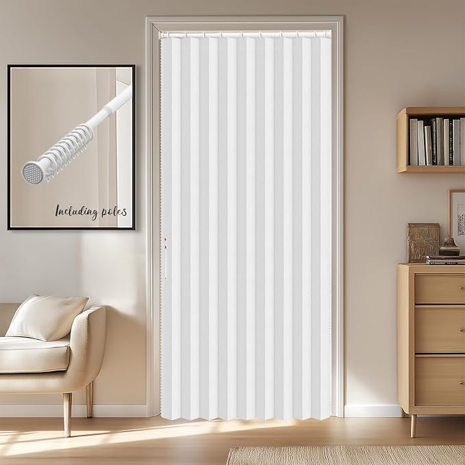 AJAZZ Blackout Accordion Doors Interior Sets Included Rod (1 Pack, 54W x 78 L, White) Invisible Magnetic Door Curtain for Bedroom Living Room Doorway Curtain