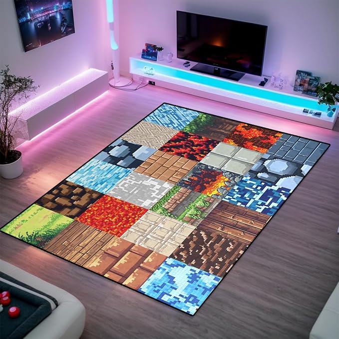 Game Rugs for Boys Bedroom - Old Game Block Theme Carpets for Room Decor Video Gaming Rug Soft Rugs for Boys Room Playroom Living Room Floor Mat, 3'x5'