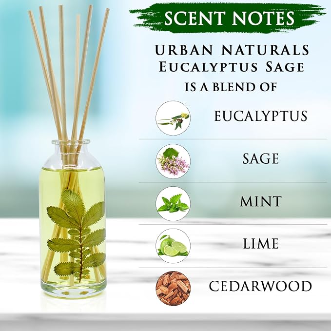 Urban Naturals Reed Diffuser Set, Eucalyptus Sage - Bathroom Shelf Décor | Mint, Lime & Cedarwood Essential Oils, Soothing & Relaxing scent for Bathroom or Bedroom