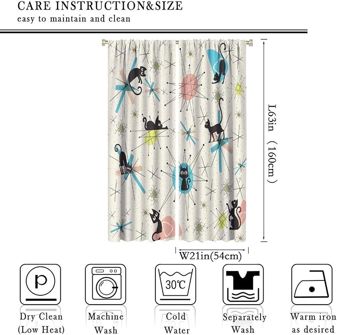 JESTRONRY Mid Century Curtains, Black Cat Atomic Stars Abstract Geometric Vintage Kitty Animal Room Darkening Door Window Rod Pocket Curtain for Living Room Bedroom 42x63in