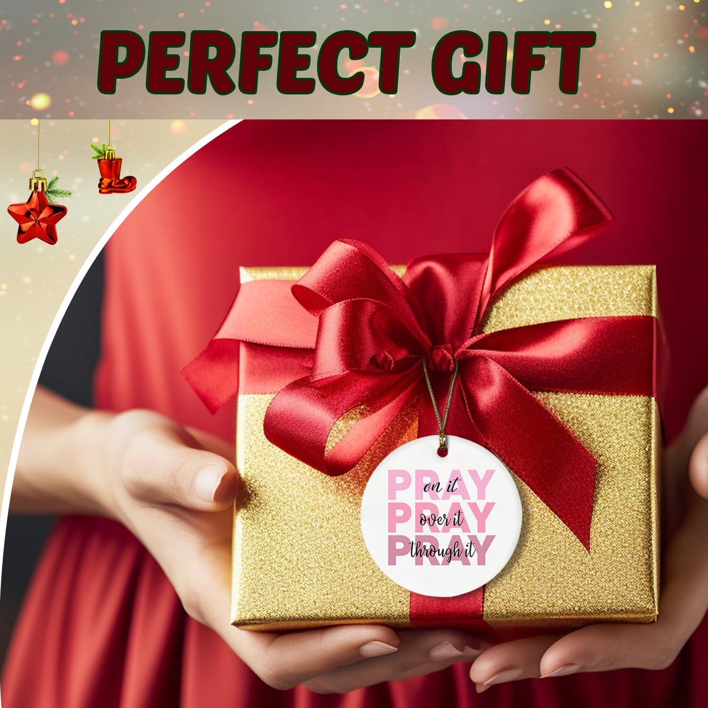 Christian Christmas Ornaments, Pray on It Pray Over it Pray Through It Scripture Religious Ceramic Christmas Xmas Ornament Keepsake Decorations, Christian Gifts for Women Teen Girls
