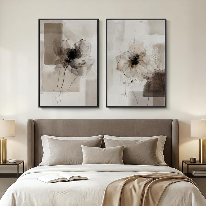 Framed Neutral Abstract Floral Wall Art for Living Room, Set of 2 Black and Brown Canvas Prints Artwork for Walls, Large Modern Minimalist Flower Earthy Pictures Bedroom Hallway Wall Decor, 24x36 Inch