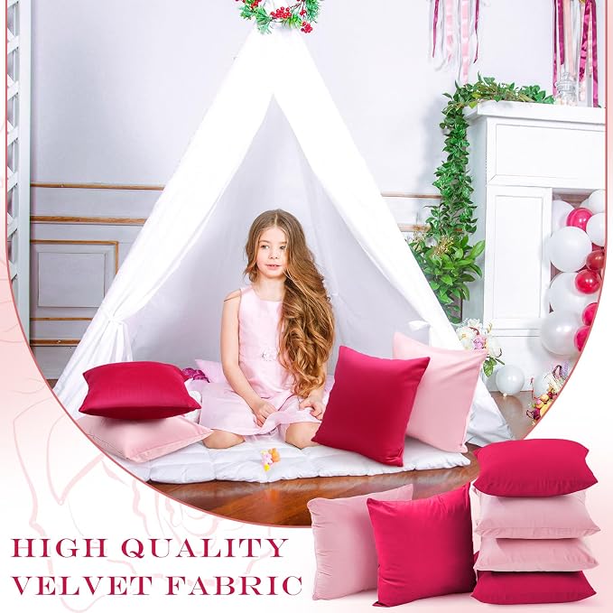 Berlune 12 Pcs Pink Picnic Velvet Throw Pillow Covers 18" x 18" Hot Pink Decorative Cushion Cases Soft Pillowcase Coquette Party Accessories Couch Sofa Bed Picnic Chair Home Decor, No Inserts