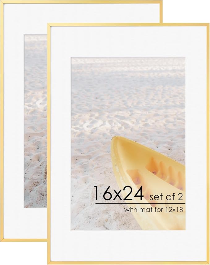 FLYJOE 16x24 Frame | 16x24 Gold Frame With Mat For 12x18 | Metal Aluminum Picture Frame With Tempered Glass | Minimalist Modern Poster Frame | Hanging Hardware Included | Set of 2, Gold
