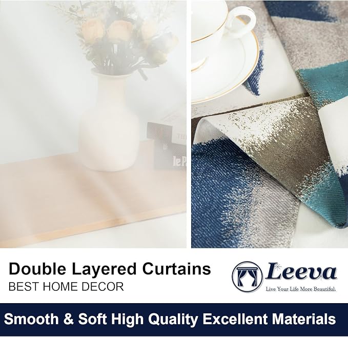 Leeva Elegant Blackout Curtains and Sheer Layered, Grommet Window Curtain Panels with Tiebacks, Light Filtering Drapes for Bedroom Partition Room Dividers, 52 x 96