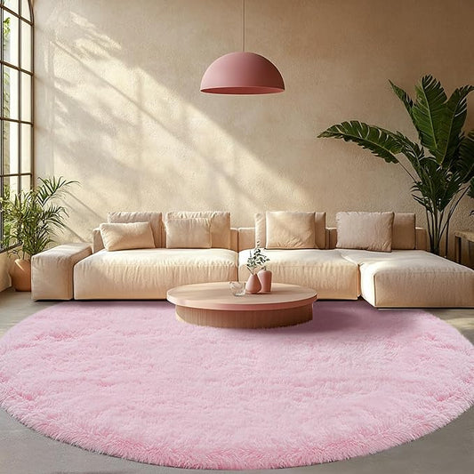 Pink Round Rug for Living Room: 6x6 Feet Shag Area Rugs for Living Room- Ultra Soft Fluffy Furry Girls Bedroom Carpet- Plush Rugs for Girls & Kids Room, Home Decor (6ft, Pink)