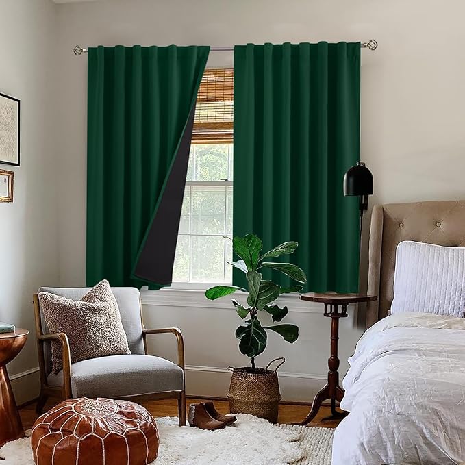 BGment Emerald Blackout Curtains 45 Inch Length with Liner, 100% Blackout Thermal Insulated Rod Pocket Back Tab Double Layer Noise Reduce Room Darkening Curtains for Bedroom (52 x 45 Inch, 2 Panels)
