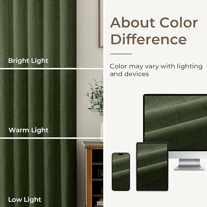 CAPALOCA Pinch Pleated Blackout Curtains 108 Inches Long, Linen Blend, 100% Blackout Drapes with 20 Hooks, Ideal for Bedroom and Living Room, 40" W x 108" L (Pack of 2), Loden Green