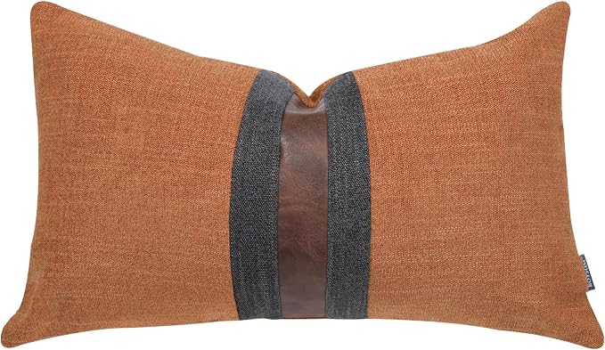 Set of 2 Leather Throw Pillow Covers Lumbar Cotton Linen Decor Patchwork Pillow Cover Faux Leather Pillows Cover for Couch Sofa Living Room Bedroom,Orange 12"x20"