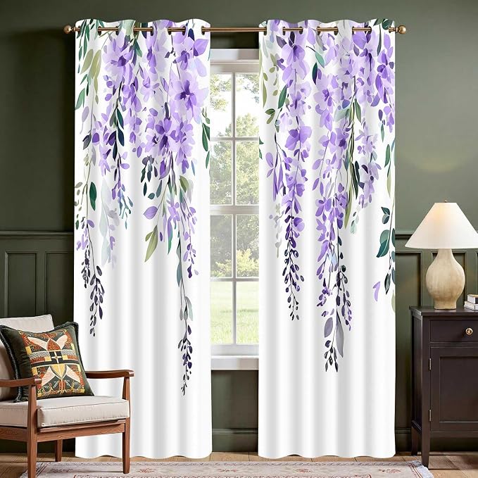 Purple Watercolor Floral Curtains, Botanical Leaves Vine Flowers Curtain, Rustic Farmhouse Flower Leaf Blackout Window Treatment Drapes for Bedroom Living Room 42x90 inch, 2 Panels