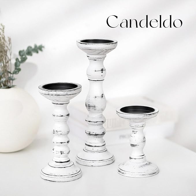 Candeldo Wood Candle Holder for Pillar, White Farmhouse Fireplace Decor | Set of 3, Table Centerpiece, Tall Shabby Chic Decor, Wooden Rustic Decoration for Mantle