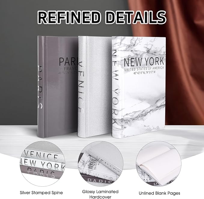 Set of 3 Decorative Books for Home Decor-Silver Foil Stamping Decor Books,Fashion Designer Books for Coffee Tables and Book Shelf Decoration