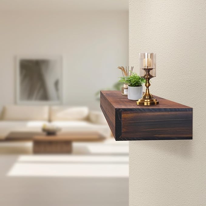 AZSKY Deep Walnut Fireplace Mantel Shelf Wall Mounted, Handcrafted 60 Inch Floating Mantel Shelf for Over Fireplace, Long Hollow Solid Wood Shelf with Invisible Bracket for Living Room Under TV Decor