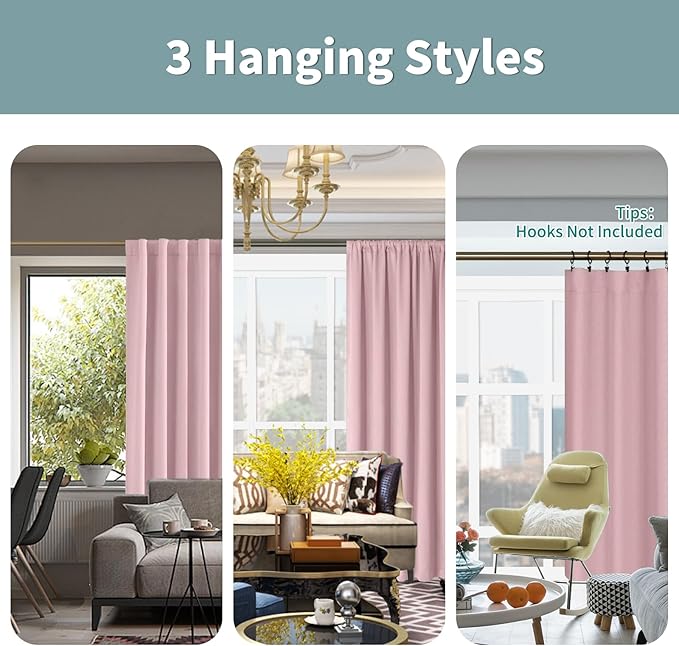 BGment Full Blackout Curtains with Thermal Insulation Liner Curtains 63 Inches Long, Rod Pocket and Back Tab Double Layer Room Darkening Window Curtain for Bedroom(52 x 63 Inch, 2 Panels, Pink)