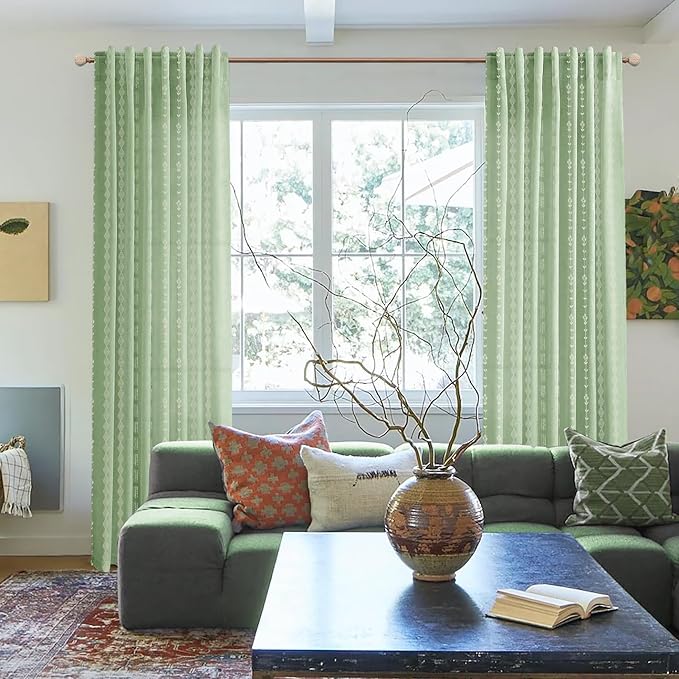 Sage Green Whimsical Sheer Linen Curtains, Boho Floral Striped Gingham Inspired Patterned Drapes for Bedroom Living Room Office 84 Inches Long