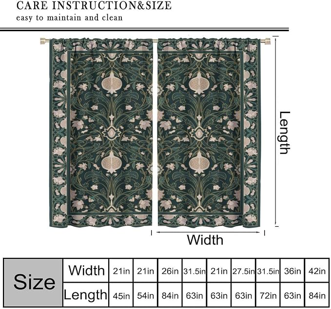 William Morris Floral Blackout Curtains, Vintage Plant Art Flower Green Leaves Boho Window Drapes, for Living Room Bedroom 84" W X 84" L