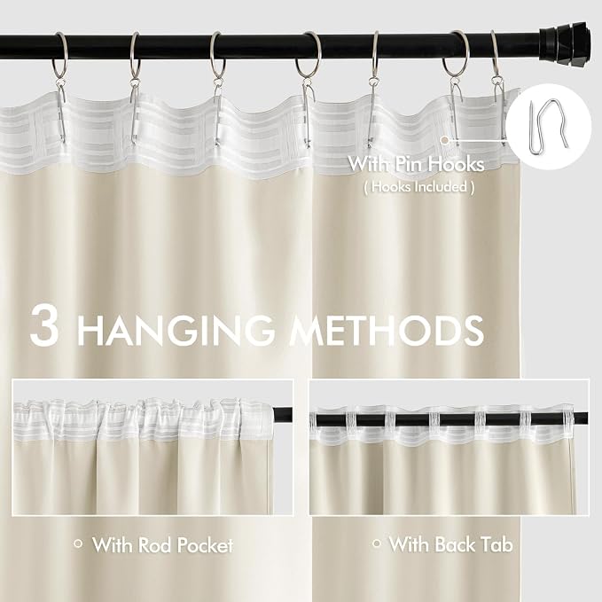 MIULEE Beige White Back Tab Blackout Curtains 72 Inches Long 2 Panels Set for Living Room Bedroom Privacy, Rod Pocket/Pinch Pleat Thermal Insulated Room Darkening Pleated Light Blocking Drapes