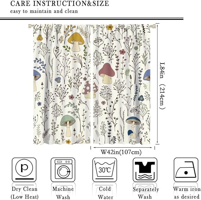 Mushroom Curtains,Colorful Plant Forest Botanical Print Window Treatments for Bedroom Living Room Kitchen Cartoon Herbs Floral Window Drapes 2 Panels Set,Total Size 84 x 84 Inch