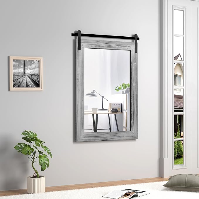 COGOOD Farmhouse Bathroom Mirror - 42 x 29 Rustic Barn Door Style Mirror for Living Room, Entryway, Vanity Wall Decor (Grey)
