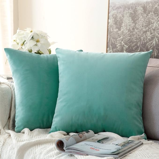 MIULEE Velvet Throw Pillow Covers 16x16 Inch, Pack of 2 - Aqua Green, Soft Solid Decorative Pillow Covers Cushion Cases Modern Luxury Home Decor for Spring Couch Sofa Bedroom Livingroom