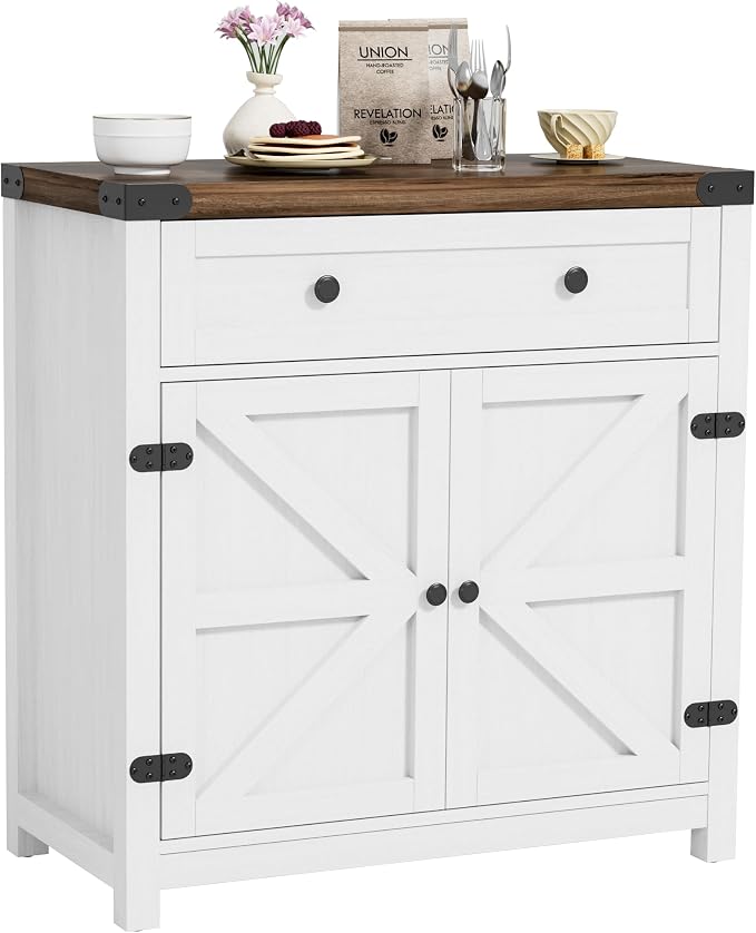 YESHOMY Coffee Bar and Accent Cabinet, Farmhouse Barn Door Buffet Sideboard with Drawer and Adjustable Shelf, Wide Desktop for Kitchen, Dining Room, Bathroom, Entryway, Brown & Rustic White