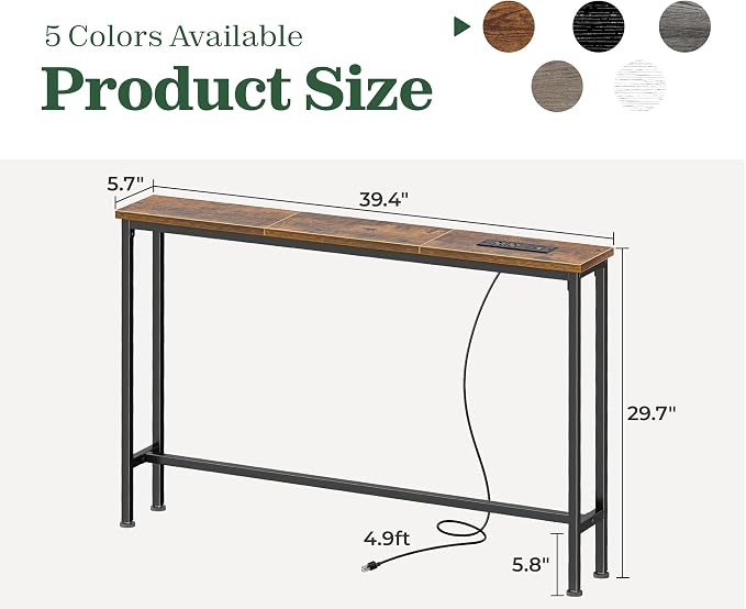 SUPERJARE 5.7 Inch Console Table with Outlet, Sofa Table, Behind Couch Table, 5.7 x 39.4 x 29.7 Inches, Metal Frame, for Living Room, Hallway, Rustic Brown