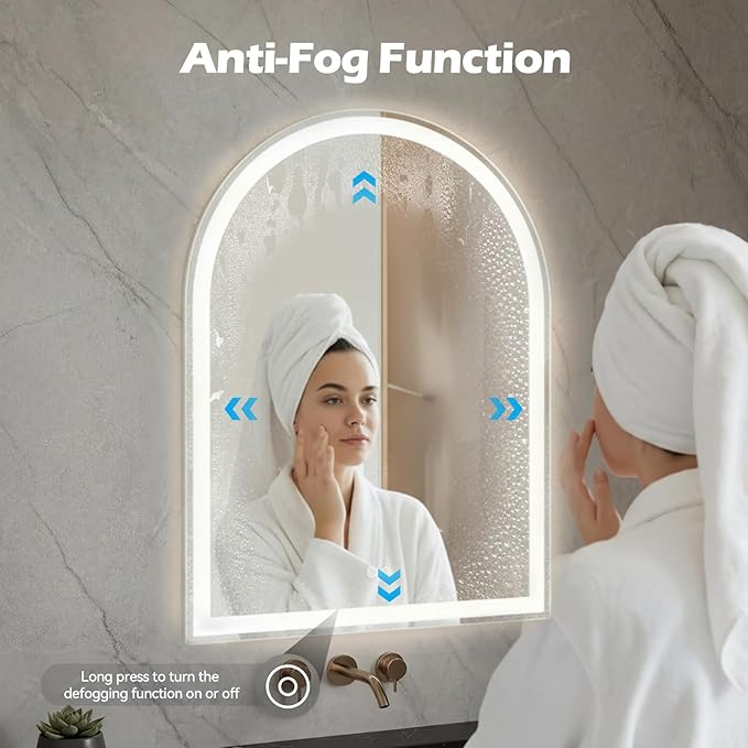 Sweetcrispy 24“×36” LED Bathroom Backlit Mirror with Lights, Arched Vanity Mirror with Anti-Fog, Dimmable, 3-Color Light, Memory Function, Tempered Glass