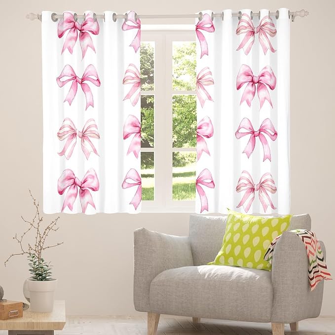 Erosebridal Kawaii Bow Window Curtain Pink White Strip Bow Curtain Cute Ribbon Bowknot Window Treatments Pink Bows Curtains & Drapes 42" Wx90 L for Kids Girls Bedroom Decor