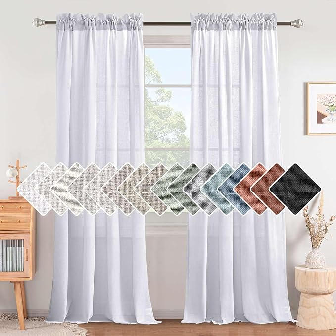 H.VERSAILTEX Linen Curtains Elegant Natural Linen Blended Curtains Energy Efficient Light Filtering/Rod Pocket Window Treatments Panels for Living Room (Set of 2, Bright White, 52 Inch x 108 Inch)