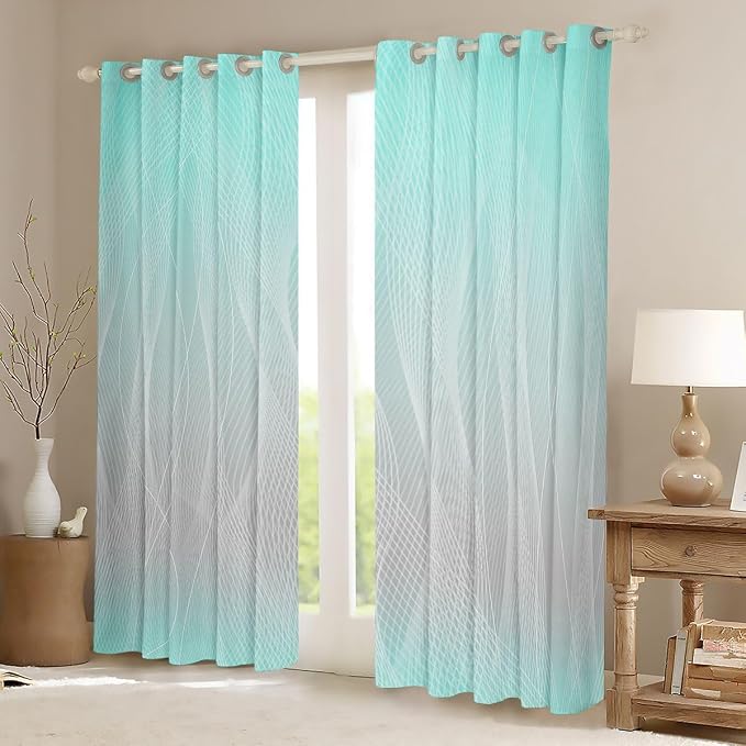 jejeloiu Teal Blue Darkening Drapes Kids Ombre Grey Strip Lines Curtains for Bedroom Living Room Gradient Style Blackout Curtains for Women Men Lightweight Abstract Window Treatments