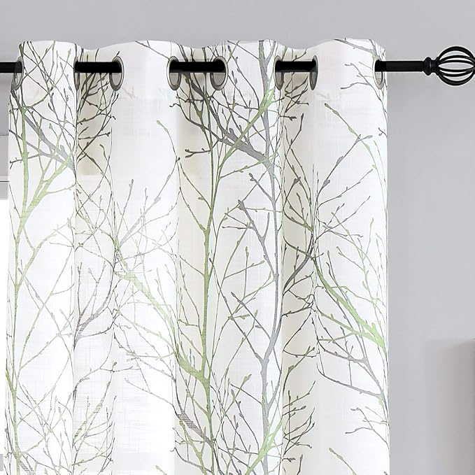 FMFUNCTEX Linen Semi Sheer Curtains for Bedroom, Sage Green White Curtains 45 Inches Long for Living Room, Grey Tree Branch Print Curtain Light Filtering Kitchen Window Drapes, Grommet Top 2 Panels