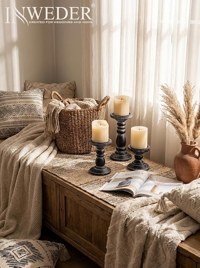 Wood Pillar Candle Holder: 3Pcs Rustic Black Candle Holders for Pillar Candles Wood Candle Holders Distressed Wooden Farmhouse Candle Holder Large Rustic Candle Holder for Fireplace Table