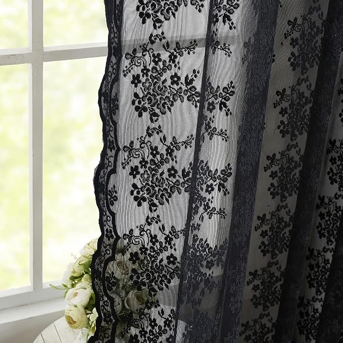 YJ YANJUN Vintage Lace Curtains 84 Inches Long-Victorian Floral Pattern Black Sheer Curtain Panels for Living Room Bedroom,Light Filtering, Gothic Witchy Halloween Drapes 2 Panels 52W x 84L