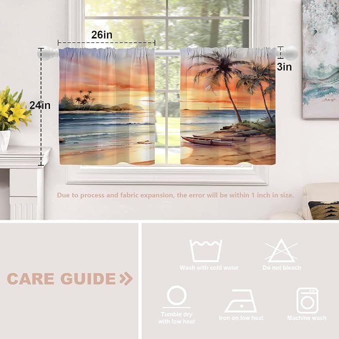 Shrahala Sunset Beach Blackout Curtain Tiers, Tropical Seaside Scene Kitchen Valance Light Blocking Tier Drapes with Rod Pocket, 2 Pack 26 X 24 in