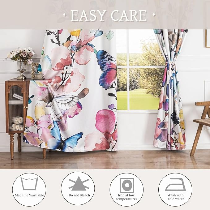 Pink Floral Black Curtains 96 inches Long 2 Panels Set Grommet Butterfly Botanical Black Out Curtains Shading Window Treatment Darkening Thermal Insulated Drapes for Bedroom Living Room 52x96