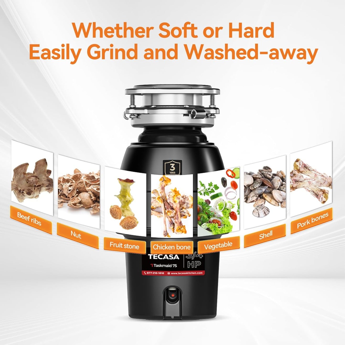 3/4 HP Garbage Disposal, TECASA Food Garbage Disposal with Power Cord, Stainless Steel Grinding System and 3-Bolt Mounting, Continuous Feed Garbage Disposals, Quiet, Taskmaid Series 75