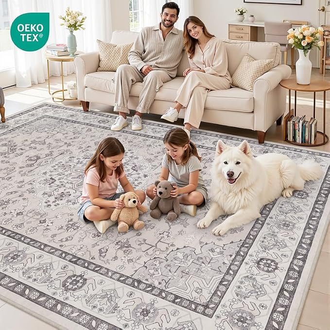 10x14 Area Rug for Living Room: Vintage Boho Neutral Washable Rug Indoor Soft Large Area Rug Carpet for Bedroom Nursery Farmhouse Dining Room Office Floor Non-Slip Low Pile Under Table Beige & Grey