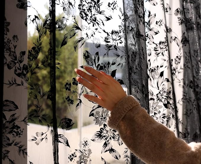 Treatmentex Black Floral Lace Curtains 63" Length for Bedroom, Exquisite 3D Floral Knitted Rose Sheer Window Drapes for Living Room, Studio. Modern Gothic Sheer Lace Curtains. 52" W 2Pack, Rod Pocket