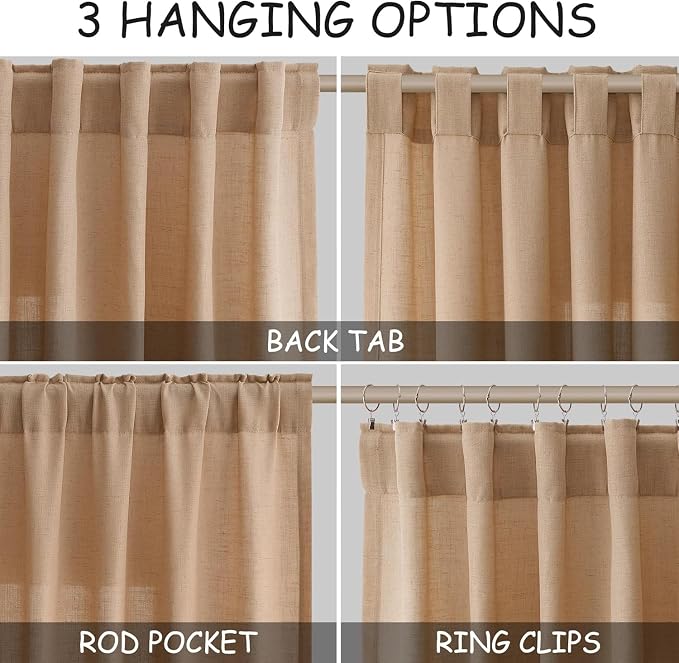 Nanspring Camel Linen Curtains for Living Room 98 Inches Long Back Tab and Rod Pocket Light Filtering Semi Sheer Vintage Rustic Curtain Luxury Boho Decor Drapes for Bedroom Office 52x98, 2 Panels
