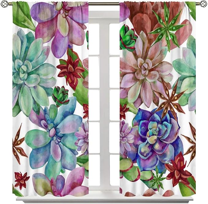 Succulents Tropical Plant Curtain Floral Boho Watercolor Summer Desert Botanical Vintage Garden for Home Kitchen Restaurant Decoration Drapes 2 Panels 72x63in