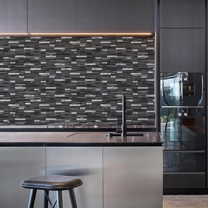 STICKGOO Peel and Stick Backsplash Tile, Stick on Backsplash for Kitchen and Bathroom, Black Grey Wood Look PVC Mixed Metal Silver Self Adhesive Wall Tiles(10 Sheets)