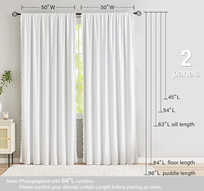 Treatmentex White Blackout Curtains for Bedroom Pom-Pom Thermal Insulated Full Blackout Window Drapes 63inch Length Curtain Panels for Kids Guest Room Hotel 52" Wx 2pcs