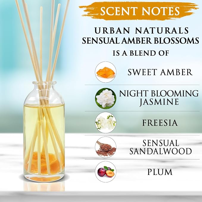 Urban Naturals Reed Diffuser Set, Sensual Amber Blossoms - Bathroom Décor | Made with Essential Oils & Real Botanicals, Sweet Amber, Night Blooming Jasmine, Sandalwood, Bergamot, Vanilla & Musk