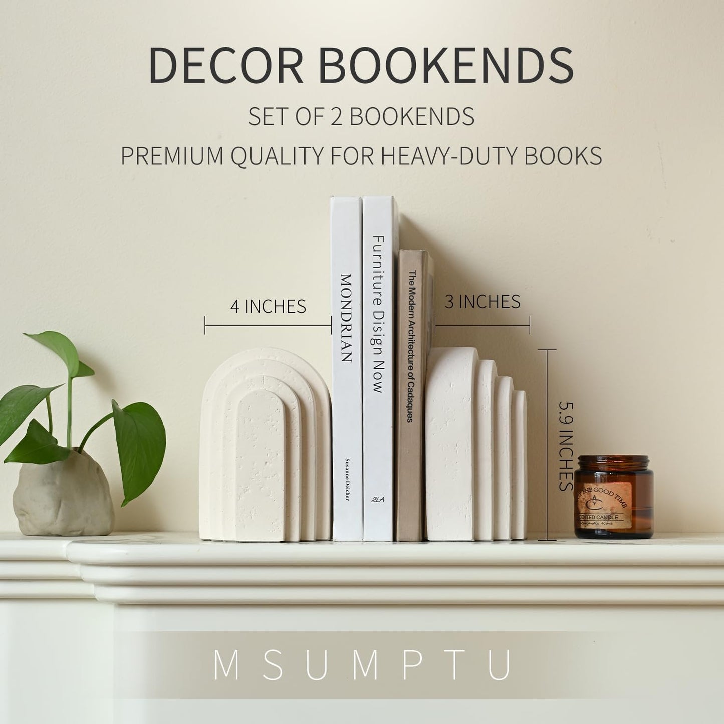 Decorative Bookends for Shelves, Set of 2 Book Ends for Heavy Books, Layered Arch Design Beige Bookend
