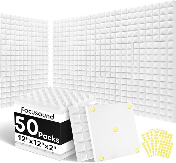 Focusound White Acoustic Panels 50 Pack 2"x12"x12" with 300 PCS Double-Side Adhesive - Sound Proof Pyramid Foam for Walls, Home Studio Noise Absorption & Echo Control Kit