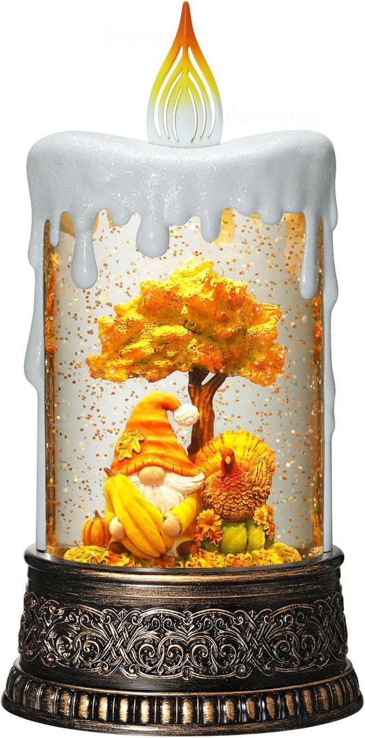 Fall Snow Globe Candle Fall Decorations for Home with Timer Gnome Turkey Pumpkin Autumn Harvest Fall Decor Indoor 9.7 inch