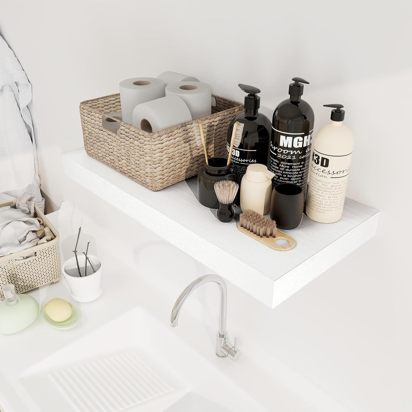 12 Inch Deep White Floating Shelves, 24 x 12 Floating Shelf for Books, Rustic Wood Deep Wall Shelves for Home Storage & Display, 2" Thicked Shelves for Kitchen, Living Room, Bedroom, 1 Pack