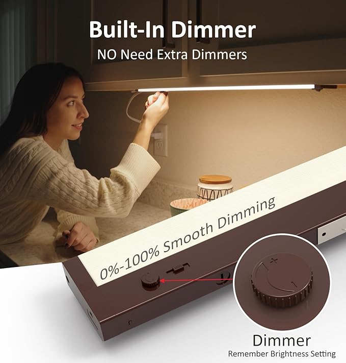 Leetdud Under Cabinet Lighting Plug in or Hardwired Built-in Dimmer, 24 Inch 12W, 5CCT 2700/3000/3500/4000/5000K, Linkable Counter Lights for Kitchen, ETL Dimmable LED Light Fixture, Bronze