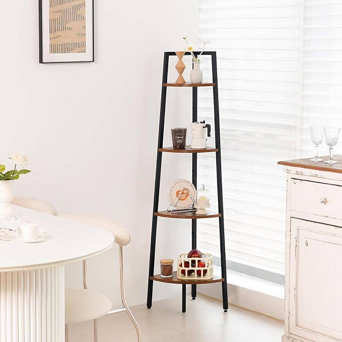 Yoobure 4‑Tier Corner Shelf – Sturdy Metal Frame & Wood Ladder Bookshelf, Space‑Saving Display Shelves for Plants & Books, Easy Assembly, for Bedroom, Living Room, Office, Balcony