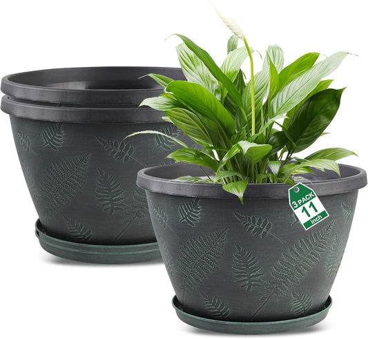 11 inch Plant Pot Set of 3, Plastic Flower Pots with Drainage Hole & Tray, Decorative Round Planters for Indoor Plants, Modern Outdoor Home Flowers Plants Garden Pots (Green)